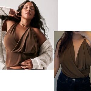 Zara chocolate brown draped wrap halter top sleeveless strappy Sz XS